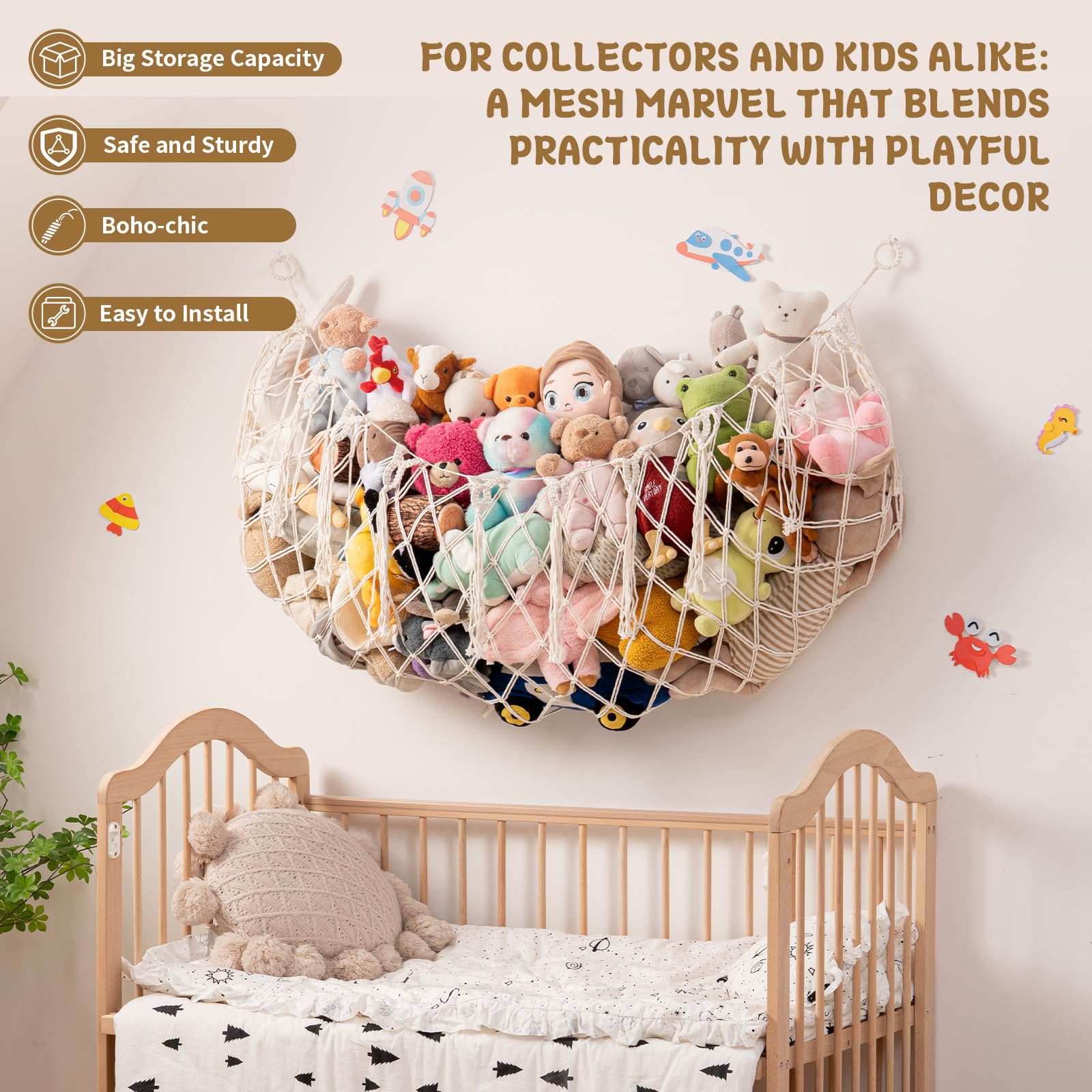 MKO SHUN Large Stuffed Animal Hammock, 59'' L Wall Hanging Net for Stuffed Animal Storage, Boho Macrame Toy Net Hammock for Kids Girls Bedroom Playroom Nursery Decor Plushie Teddy Bear Storage - Cream