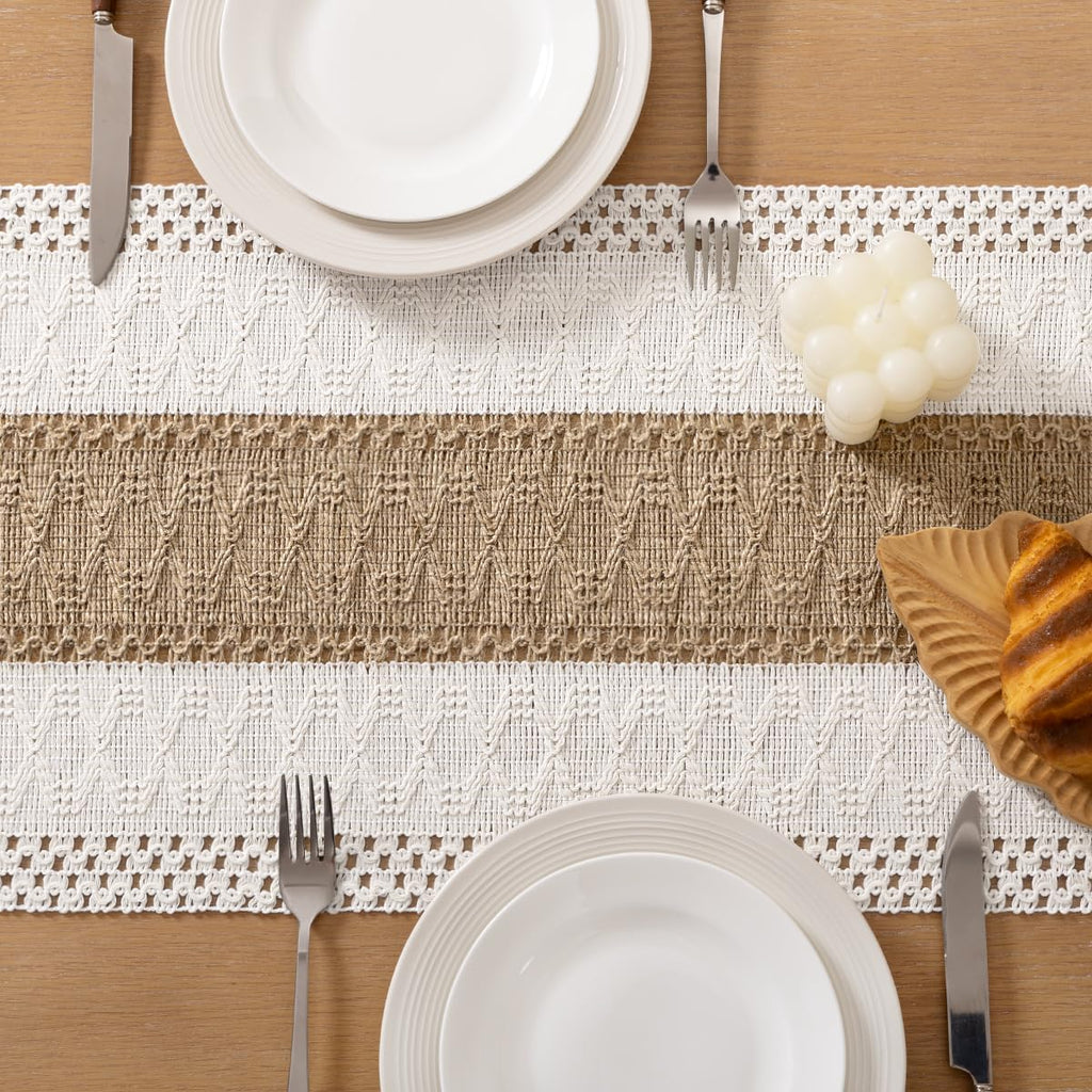 Socomi Boho Table Runner Summer Farmhouse Rustic Dining Kitchen Centerpiece Decor Small Macrame Woven Cotton Linen Coffee Table Runner for Dresser Scarf Home Decor 12x72 inch