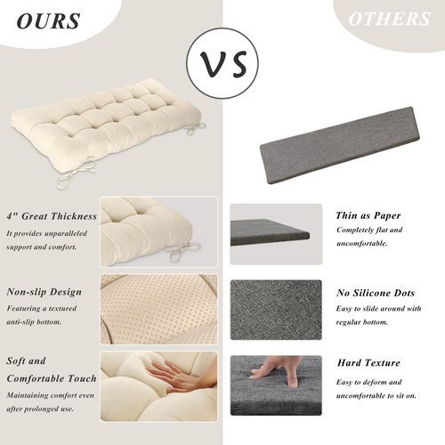 FlyGulls Bench Cushion for Indoor Furniture 48x19 inch Rectangle Bench Seat Cushion for Bay Window Entryway Bench Thick Textured Chair Cushion with Non-Slip Backing 1 Pack, Beige