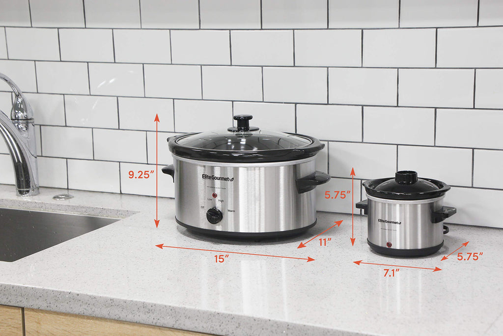 Elite Gourmet MST-500D Electric Slow Cooker, Includes 0.75-Quart Dipper with Adjustable Temp, Entrees, Sauces, Stews & Dips, Dishwasher Safe Glass Lid & Crock, 5 Quart, Stainless Steel