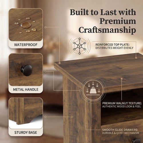 YESHOMY Nightstand Set of 2, Farmhouse Night Stand with 2 Storage Drawers and Open Shelf, Bedside Tables for Bedroom Small Space, Rustic Brown