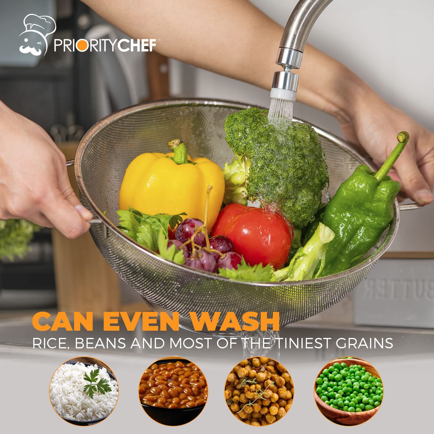 PriorityChef Colander, Stainless Steel Kitchen Strainer For Washing Rice, Pasta And Small Grains, 5 Quart