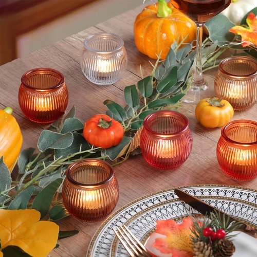 20pcs Pumpkin Votive Candle Holders with 20pcs Tea Light Candles, 5 Colors Tealight Candle Holders for Fall Table Decorations, Glass Candle Holder for Thanksgiving, Home, Party Decoration