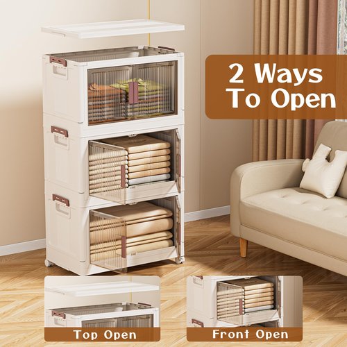 Rimulux 60GAL/240QT 4 tier large stackable storage bins with lid and wheels, collapsible storage bins plastic with doors，suit for clothes, closet, home and office