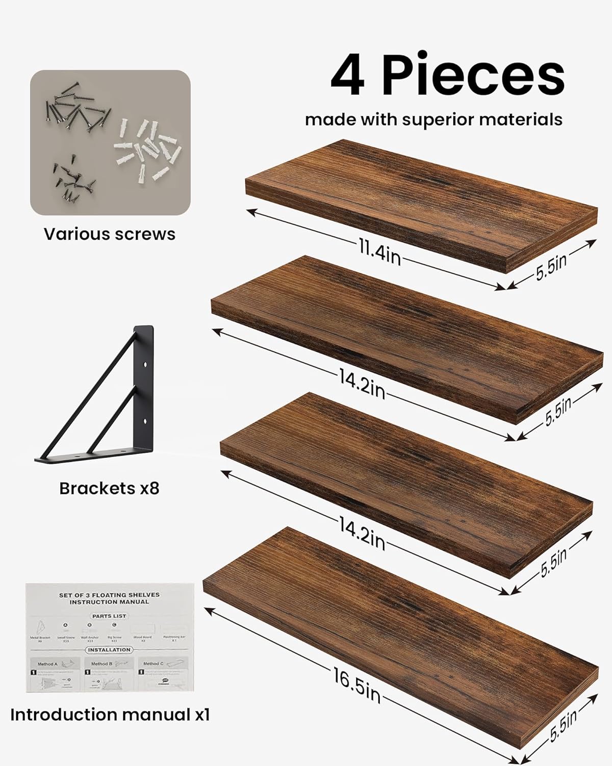 BAYKA Floating Wall Shelves - Rustic Wood Bathroom & Living Room Storage | Set of 4, Rustic Brown