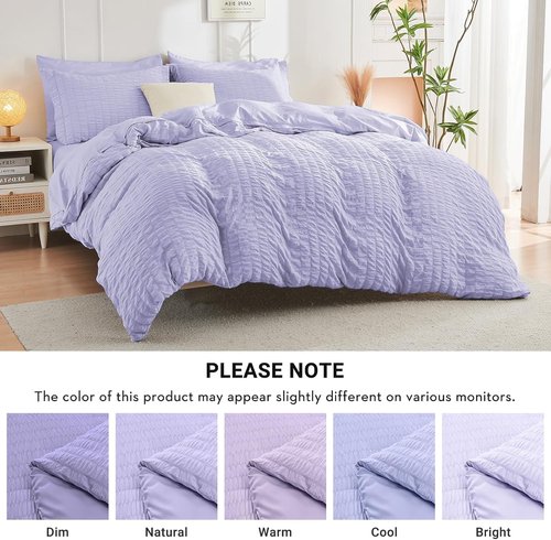HYMOKEGE Comforter Set - Light Purple Seersucker 7-Piece Luxury Bedding | All-Season Bed in a Bag
