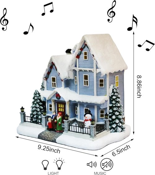 Moments In Time Vintage Christmas Village House - 8.9” Lighted LED Musical Décor with Snowman & Family Scene