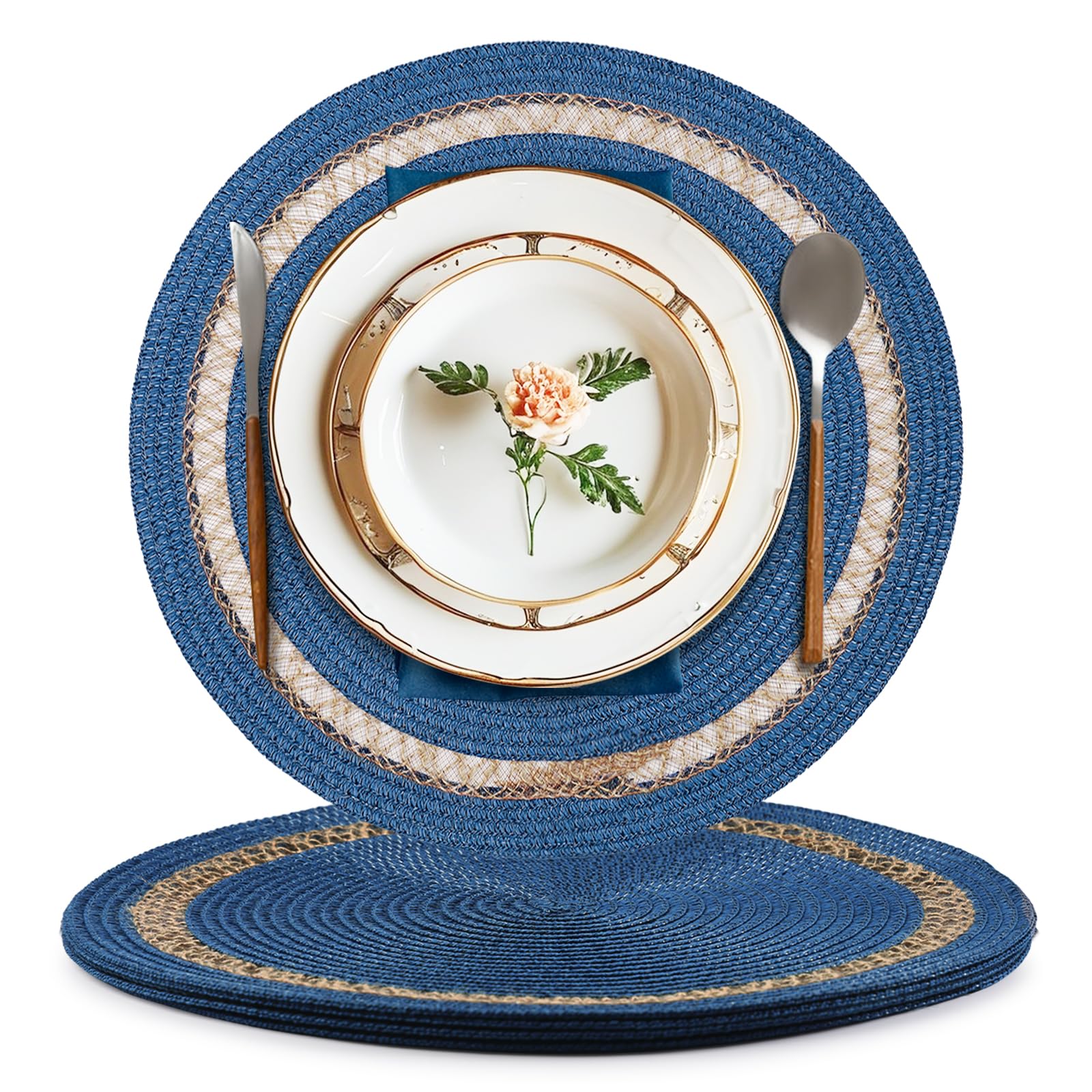AHHFSMEI Round Paper and Jute Braided Placemats Set of 6 Non-Slip Heat Resistant Table Mats for Dining Tables Indoor & Outdoor Place mats for Daily Use (Blue,6)