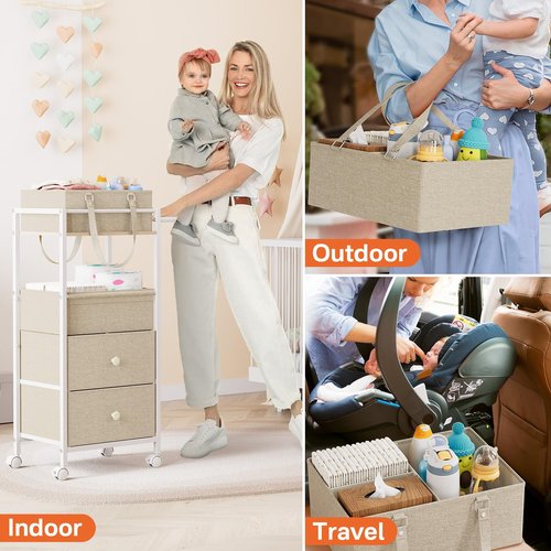 Modanais Baby Diaper Caddy Organizer Cart with Drawers - 3In1 Rolling Storage Cart with Wheels, Removable Diaper Caddy, Detachable Dividers - for Crib, Bedroom, Art & Craft Organizer (Off White)