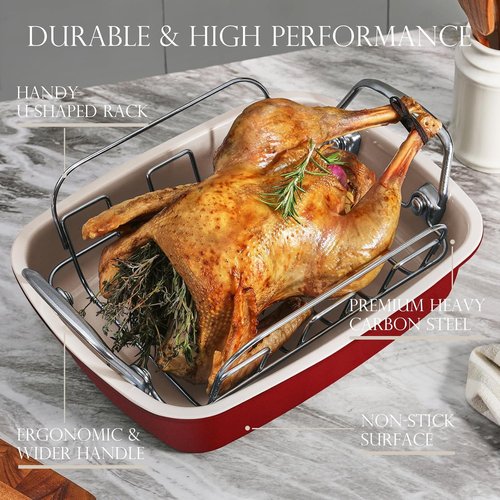 KITESSENSU Nonstick Turkey Roasting Pan - Heavy Duty 17 x 14 Inch Chicken Roaster with Rack & Wider Handles - Ideal for 24lb Turkey, Red