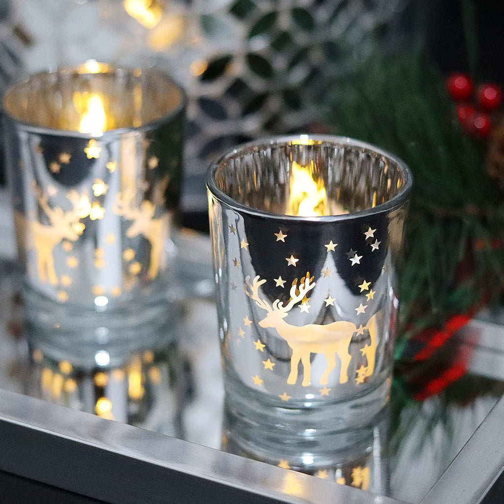Skiennix Silver Votive Tealight Candle Holders - 12PCS Carved Reindeer Xmas Table Centerpiece Decor