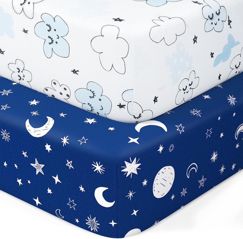 Pack N Play Sheets Fitted by [Brand Name] - 2-Pack Soft & Breathable Mini Crib Sheets | Starry Sky & Clouds