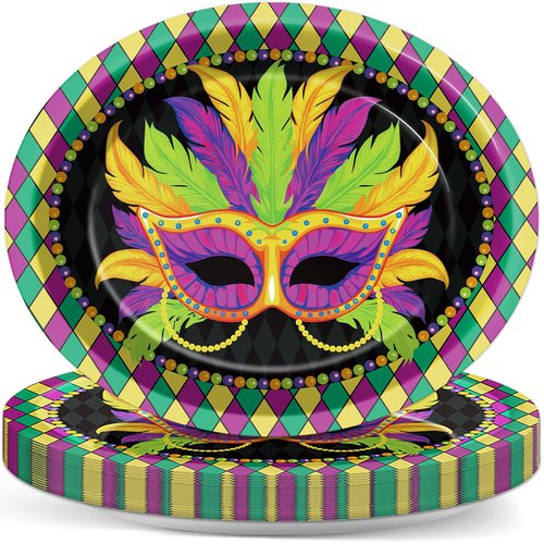 Qyeahkj 50 PCS Mardi Gras Oval Paper Plates Large 11” Disposable Masquerade Mask Party Decorations Mardi Gras Supplies Favor for Carnival Gifts Masquerade Party Tableware Set