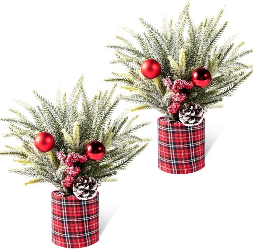 Buffalo Check | 2 Pack Small Christmas Trees - Festive Centerpiece Decor with Pine Cones & Berries