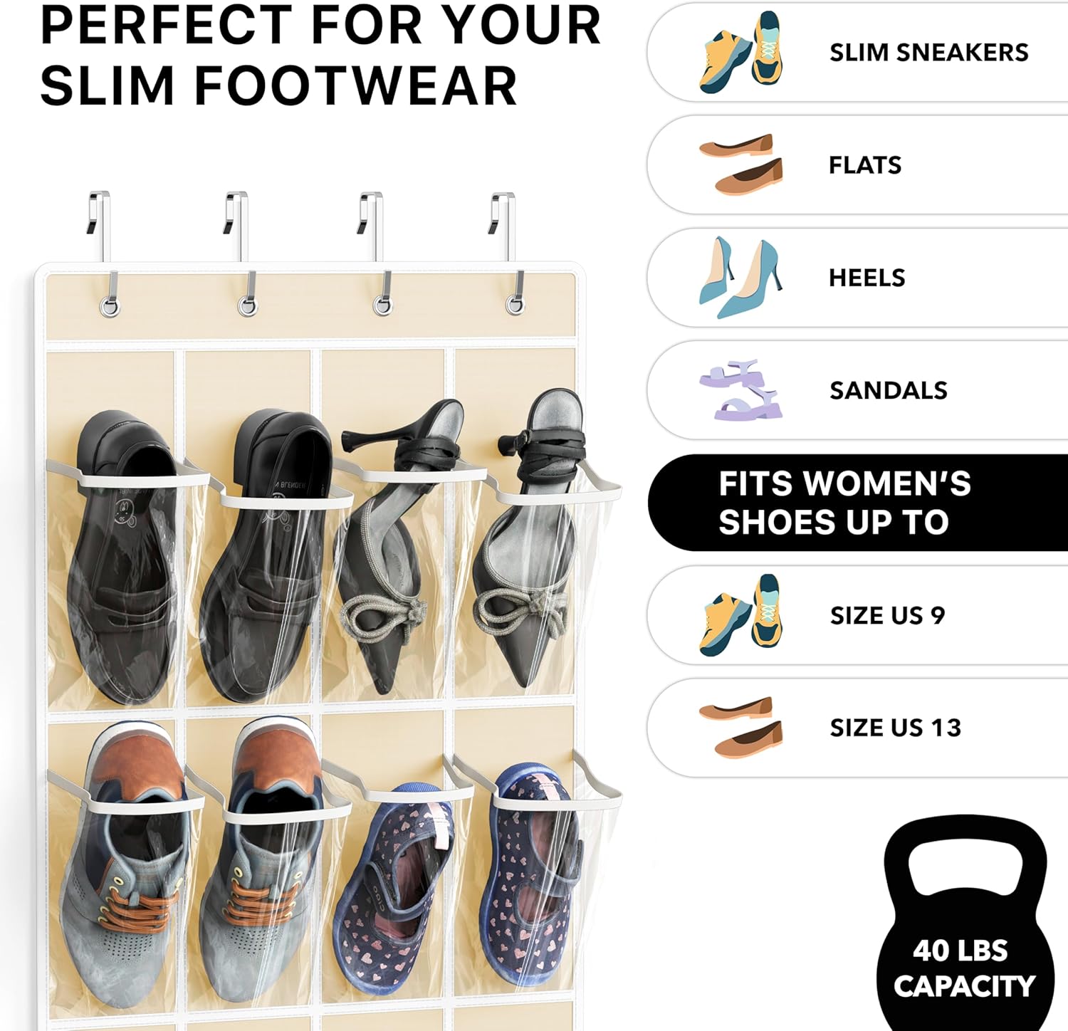 Simple Houseware 24 Pockets - Over The Door Hanging Shoe Organizer | Crystal Clear, Beige (64'' x 19'')