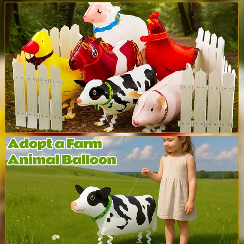 Soulchen 16 Pcs Adopt a Farm Animal Party Favor Include 12 Walking Animals Balloons and 4 Picket Fence Cutouts for Farm Theme Birthday Gifts Baby Shower Photography Party Decorations