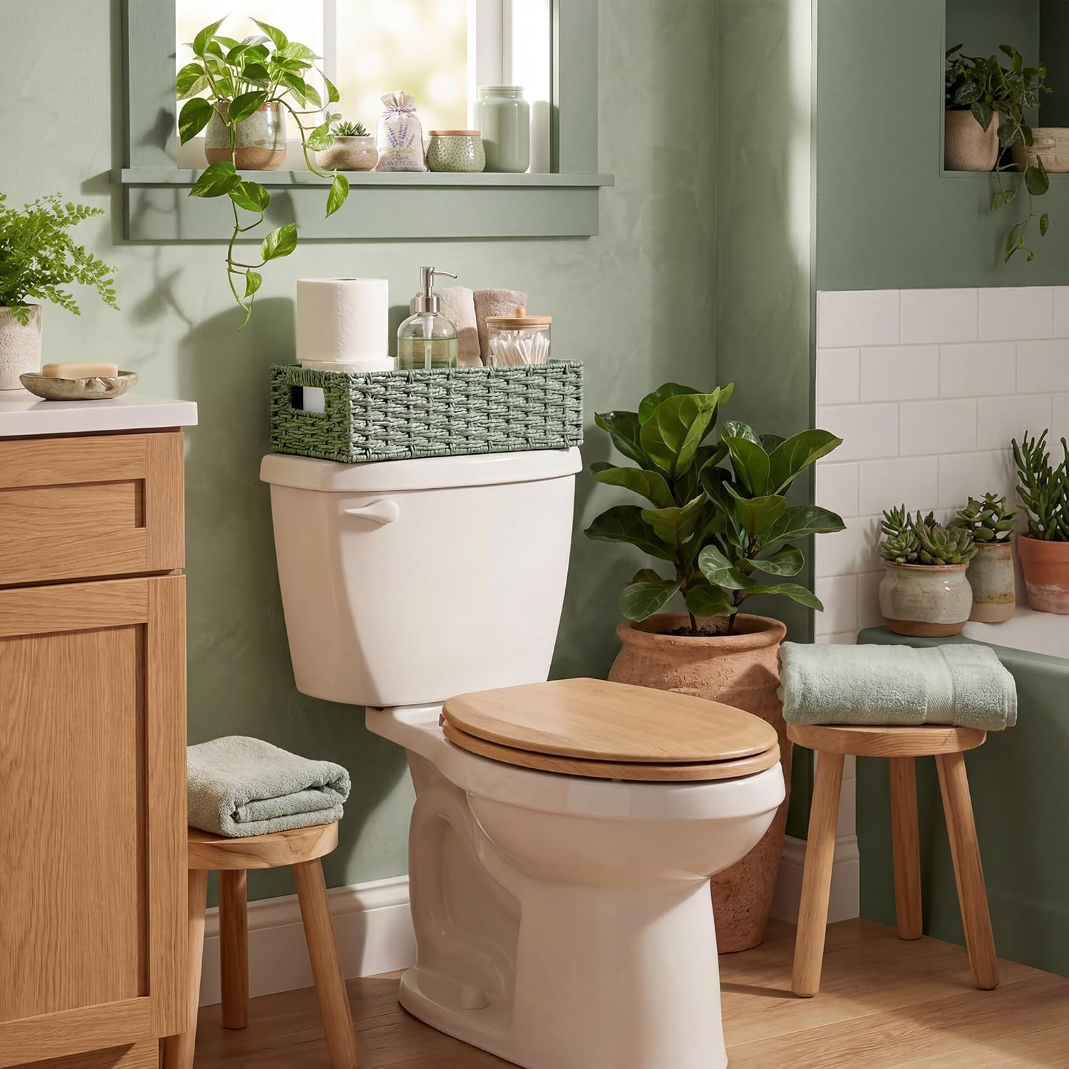 StorageWorks Wicker Toilet Basket - Built-In Handles for Easy Organization | Sage Green Bathroom Decor