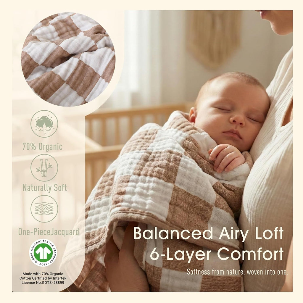 Skiennix Ultra Soft Muslin Baby Blanket - Versatile Swaddle & Bed Blanket for All Ages | Coffee Checkered Design