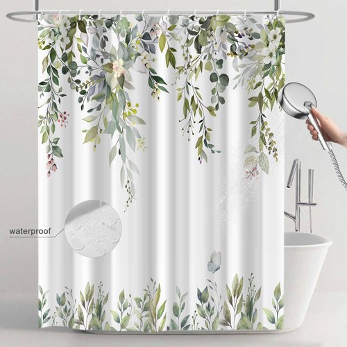 CTOTSYC Eucalyptus Shower Curtains for Bathroom, Sage Green Watercolor Leaves with Floral Shower Curtain Sets with Hooks, Waterproof Fabric Botanical Bathroom Decor, 72x72 Inches