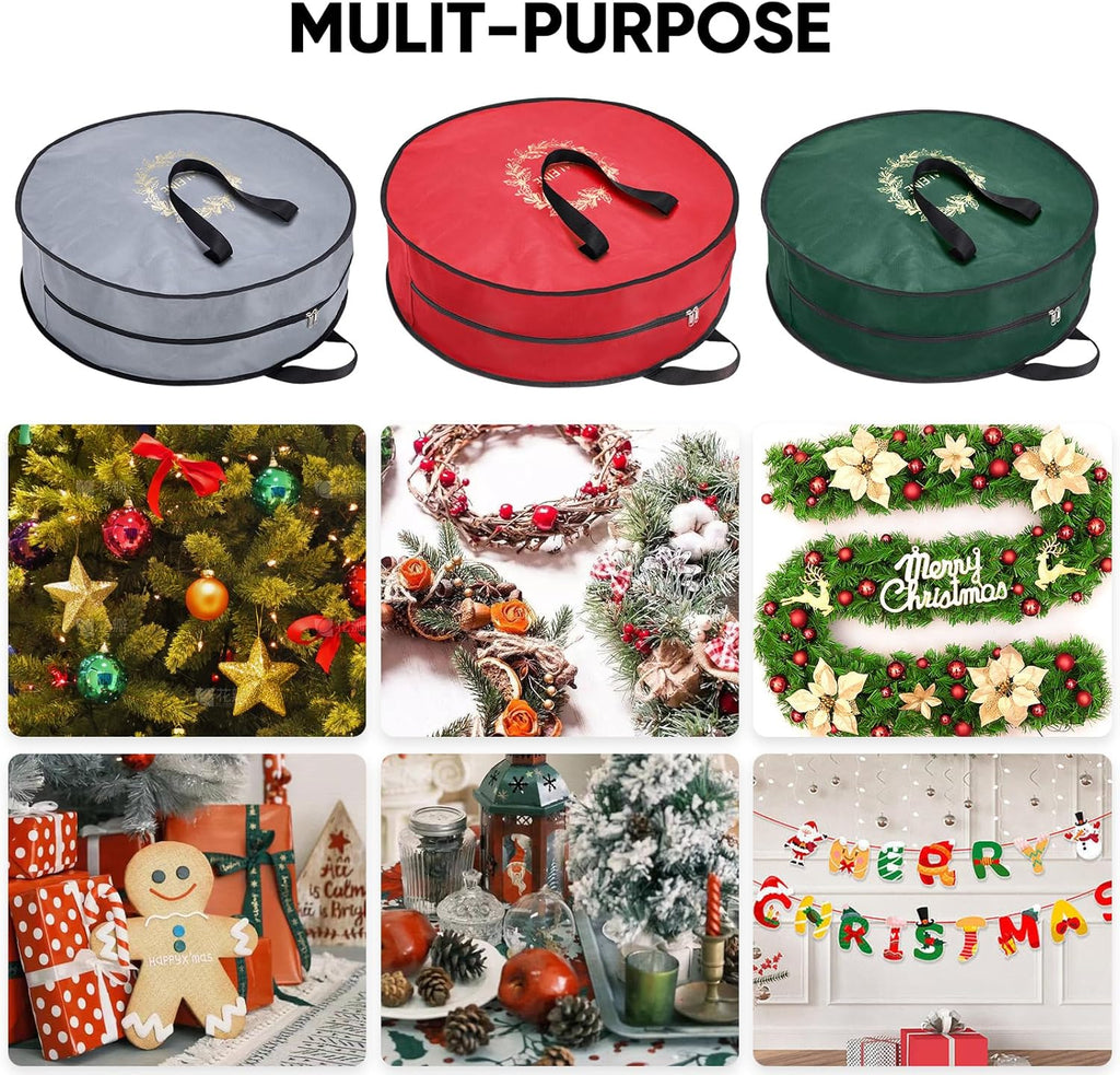 BALEINE Wreath Storage Bag - 2 Pack Christmas Wreath Container with Reinforced Handle (Grey, 30" x 8")