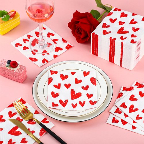 100 PCS Valentine's Day Cocktail Napkins Red Heart Disposable Dinner Napkin 3-Ply Valentines Hearts Paper Napkins for Valentine's Day Weddings Bridal Baby Shower Tea Birthday Party Supplies