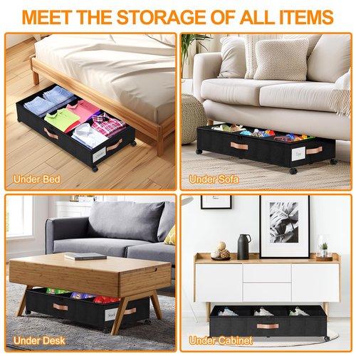 Under Bed Storage with Wheels, 2 Pack Under Bed Storage Containers with Dividers & Clear Lids, Under the bed storage Organizer Bins,Underbed Storage with Wheels for Clothes,Toys,Shoes (Black, 2 Pack)