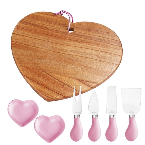 hecef 7pcs Cheese Board Set, Charcuterie Boards Set with Knives & Ceramic Bowls, Heart-shape Serving Board Set for Birthdays, Weddings, Feast, Housewarming(Pink)