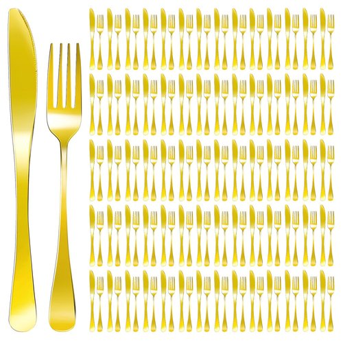 100 Pcs Stainless Steel Gold Silverware Set Bulk Flatware Set Service for 50, 50 Pcs Dinner Forks and 50 Pcs Dinner Knives Tableware Cutlery Set for Butter Kitchen Restaurant, Dishwasher Safe