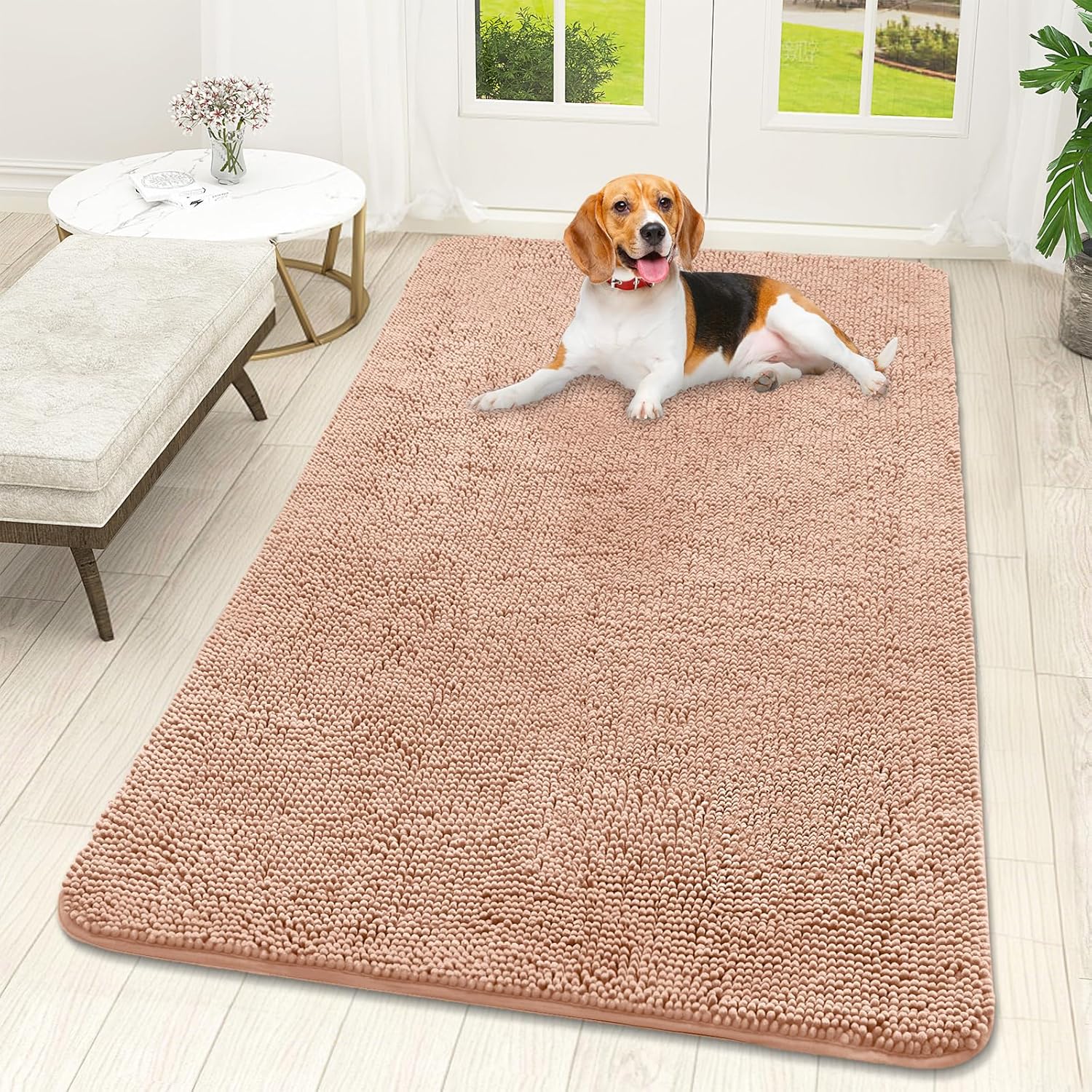 OLANLY Dog Door Mat - Absorbent Non-Slip Chenille for Muddy Paws | Quick Dry 59x32 Peach Indoor Carpet