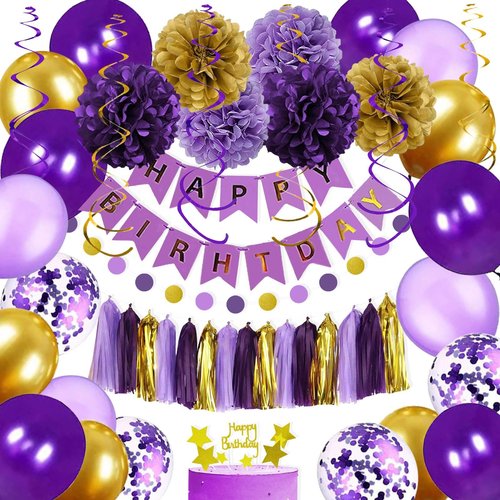 YGYXMY Purple and Gold Party Decorations for Women - Happy Birthday Banner, Balloons, Tissue Pompoms, Swirls, Tassels Garland