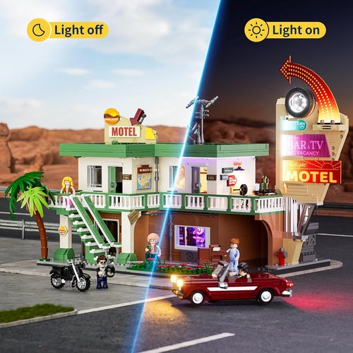 FUNWHOLE City Car-Hotel Lighting Building Bricks Set - 1970 Pcs Modular Twilight Motel Collection with LED Lights for Adults & Teens