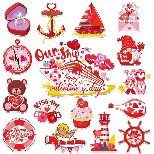 16Pcs Valentines Day Cruise Door Magnets Decorations Reflective Valentine's Day Cruise Ship Door Decor Magnetic Stickers for Carnival Cruise Refrigerator Cars Fridge Holiday Party