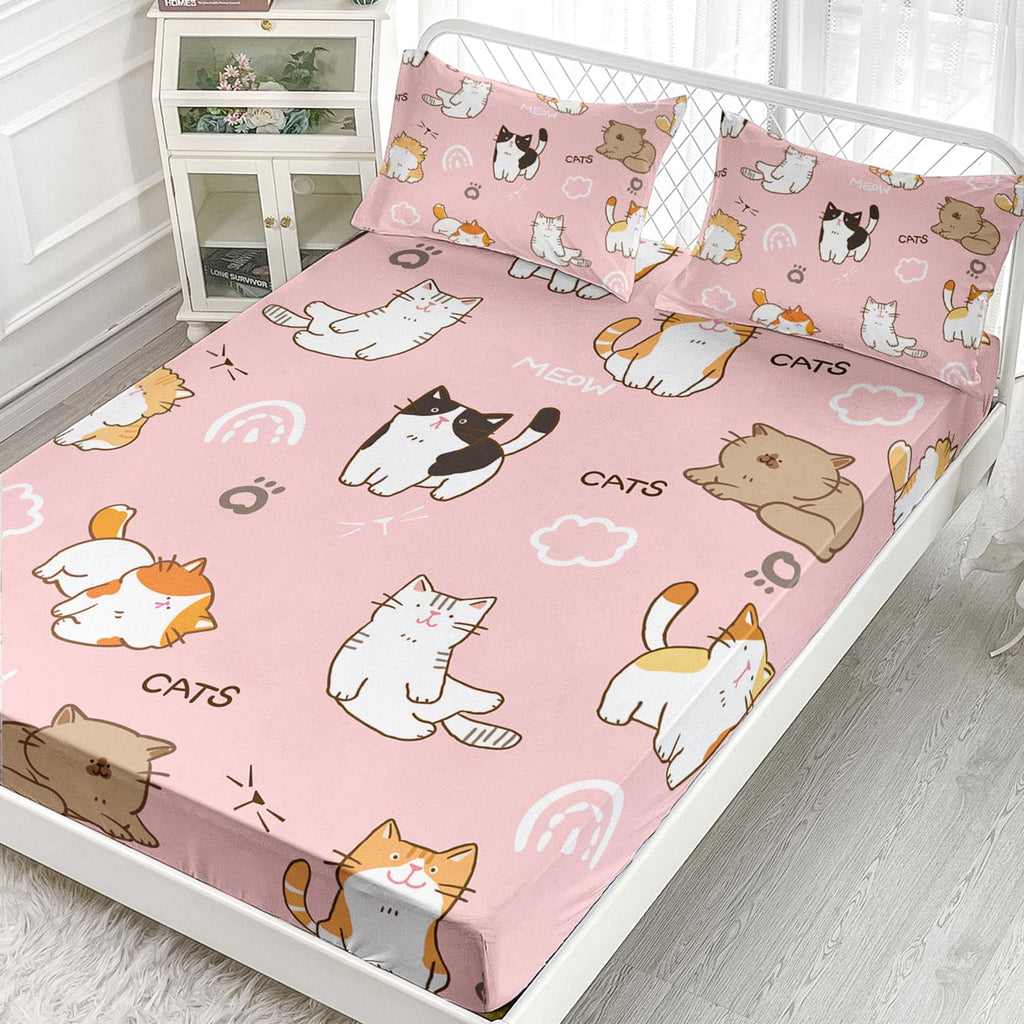 XYNHML Kids Cute Cat Fitted Sheet Set 3Pcs Cartoon Pet Cat Paw Quilt Bed Sheets Twin Lovely Animal White Cloudy Bedding Set for Boys Teens Adult Includes 1 Fitted Sheet,2 Pillowcases