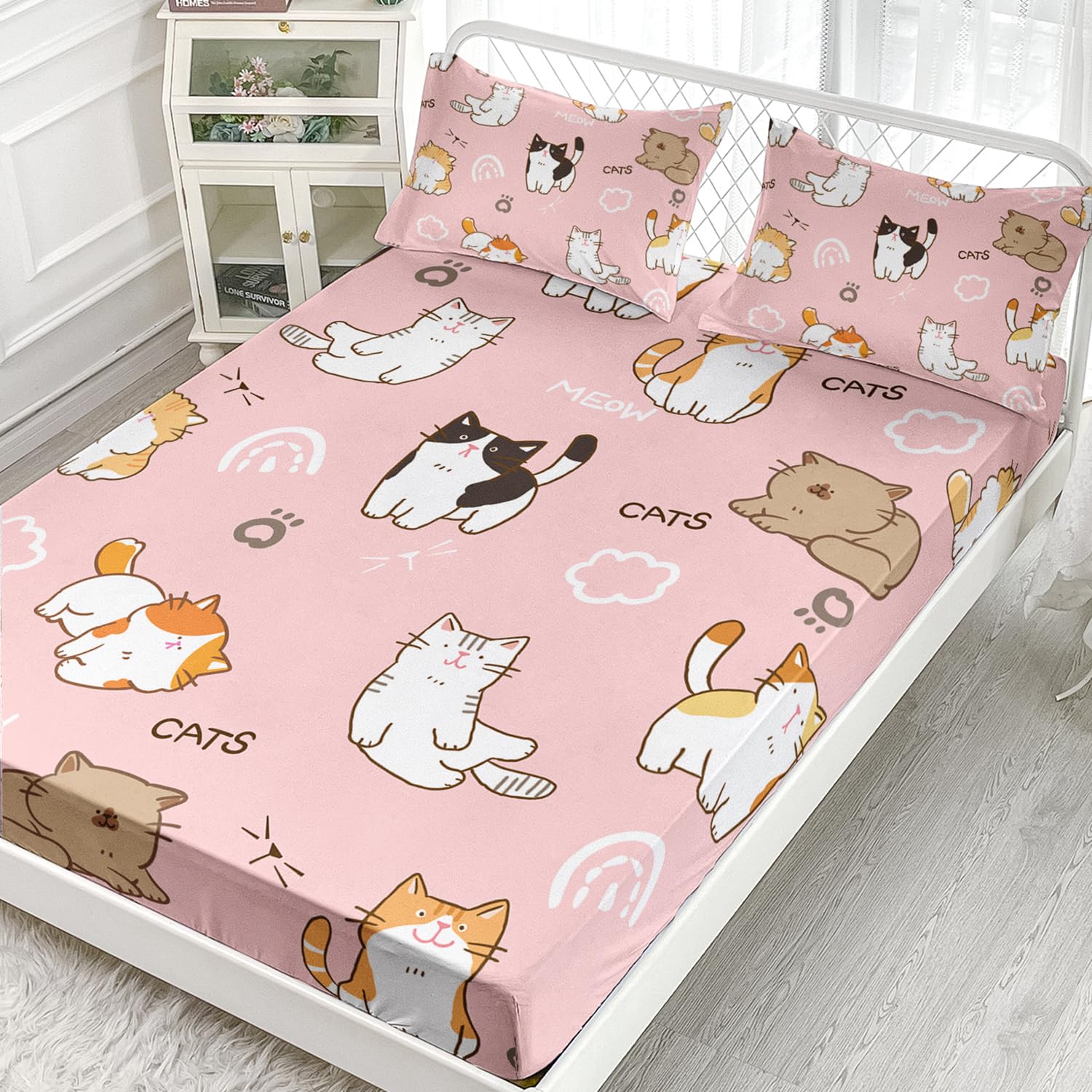 XYNHML Kids Cute Cat Fitted Sheet Set 3Pcs Cartoon Pet Cat Paw Quilt Bed Sheets Twin Lovely Animal White Cloudy Bedding Set for Boys Teens Adult Includes 1 Fitted Sheet,2 Pillowcases