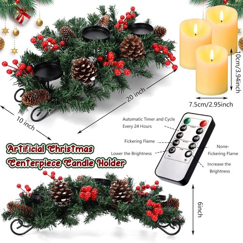 Mudder Christmas Table Centerpiece Set - 20'' Steel Base with 3 Flameless LED Candles & Red Berry Decor | Creamy White