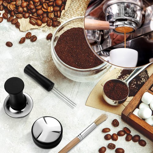 Roowest 5 Pack 54 mm Espresso Accessories Kit Wooden Tamper Station Coffee Distributor Stirrer Tamping Mat with Brush, Multipurpose Tools for Bar Home Office