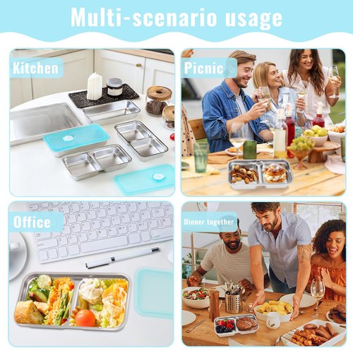 6 PCS Stainless Steel Snack Containers, Double Compartment Reusable Food Storage, Dishwasher-Safe & Leak-Proof, Ideal for Travel, Outdoor Camping, Work and Daily Use