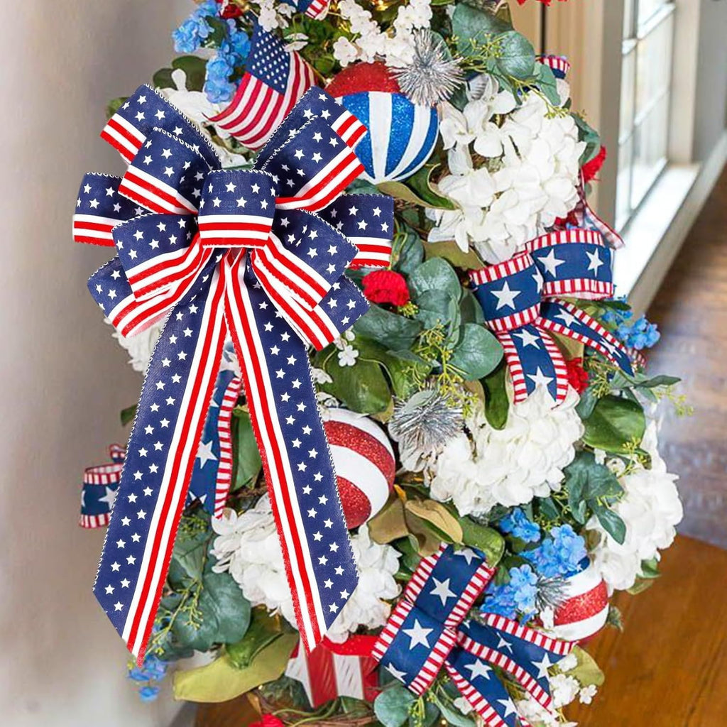 Skiennix Memorial Day Decorations - Patriotic Stripe Stars Wreath Bow for Front Door | Red, White & Blue Tree Topper Bows