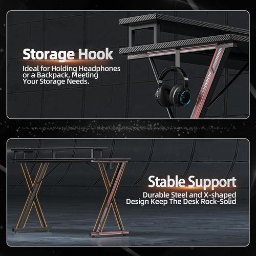 TIQLAB Gaming Desk with Power Outlets & LED 40 Inch Ergonomic Computer Carbon Fiber Surface Gamer Desk, Large Monitor Stand, Headphone Hook, PC Workstation for Bedroom, Black