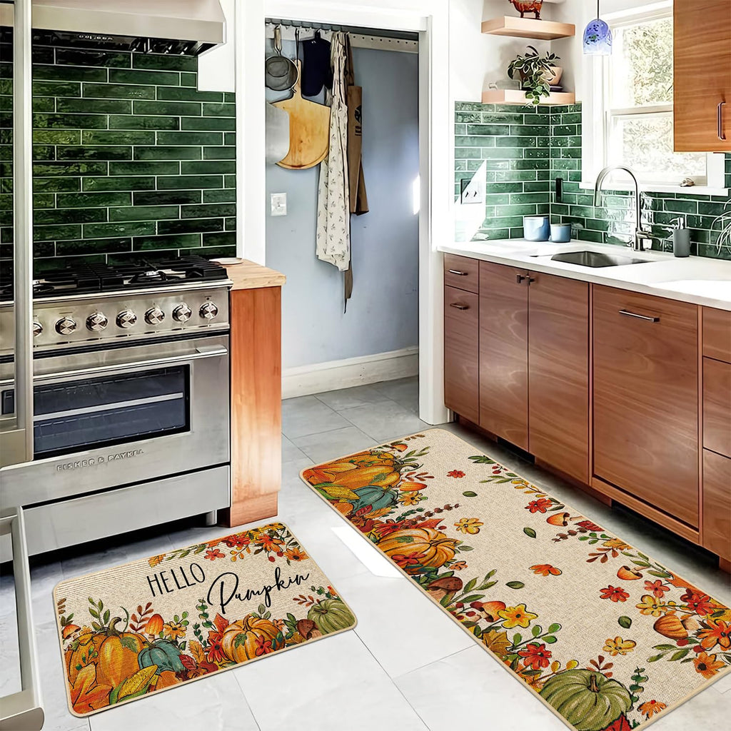 Baccessor Fall Pumpkins Kitchen Rugs Set of 2,Thanksgiving Autumn Pumpkins Floral Leaves Low-Profile Non Slip Absorbent Kitchen Mats for Floor Farmhouse Home Decor 17x29 and 17x47 Inch