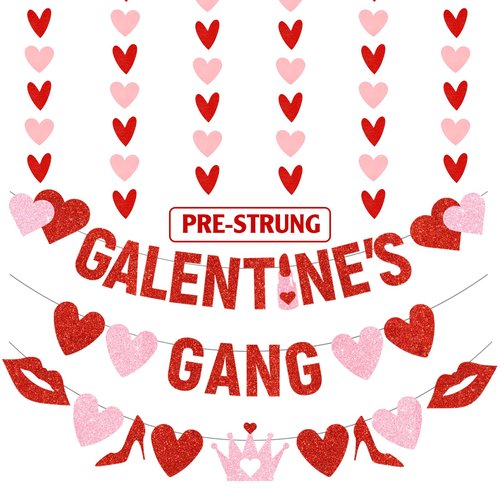 4Pcs Pre-Strung Galentine's Gang Banner, Heart Shaped Banners, Red, 0.2" x 0.2", Indoor, Wall Mount, Standard Banner, Galentine's Day, Home, Room Decorations