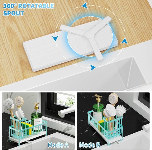 Cisily Kitchen Sink Caddy Organizer - Durable 304 Stainless Steel with High Brush Holder | Teal, 9.25”