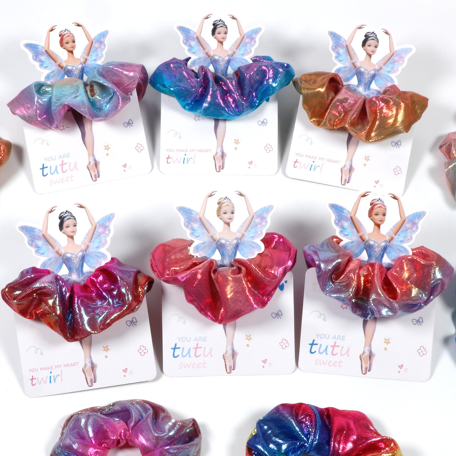 pozemu Valentines Day Gifts for Kids 24 Pack Ballerina Cards with Hair Scrunchies for Valentine Classroom Exchange Unique Valentines Day Cards for Kids School, Party Favors for Girls