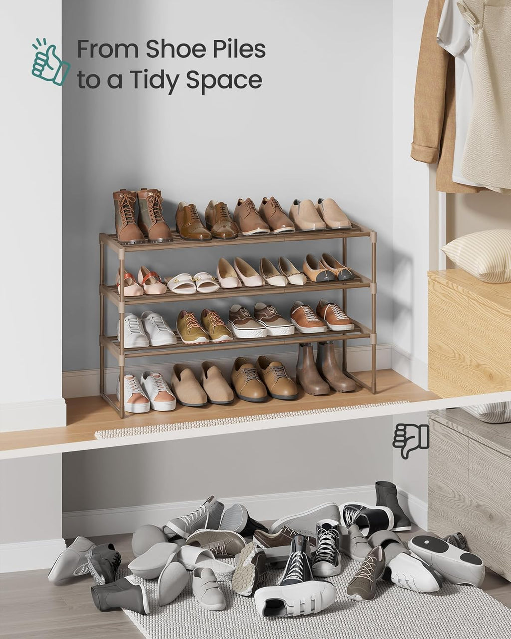 SONGMICS 3-Tier Shoe Rack - Stackable Metal Organizer for 16-20 Pairs | Walnut Brown, 11.8 x 36.2 x 21.7 Inches