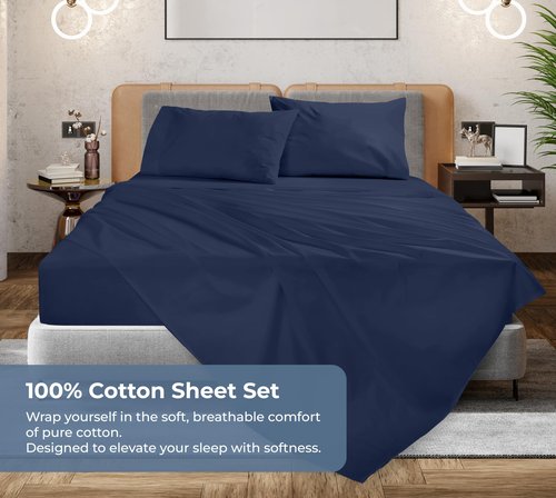 ROYALE LINENS 100% Organic Cotton Queen Sheet Set - Percale Weave - 4 Pieces Set - 1 Flat, 1 Deep Pocket Fitted Sheet and 2 Pillowcases - Navy Bed Sheets - Sábanas Queen - Crisp Cool (Navy)