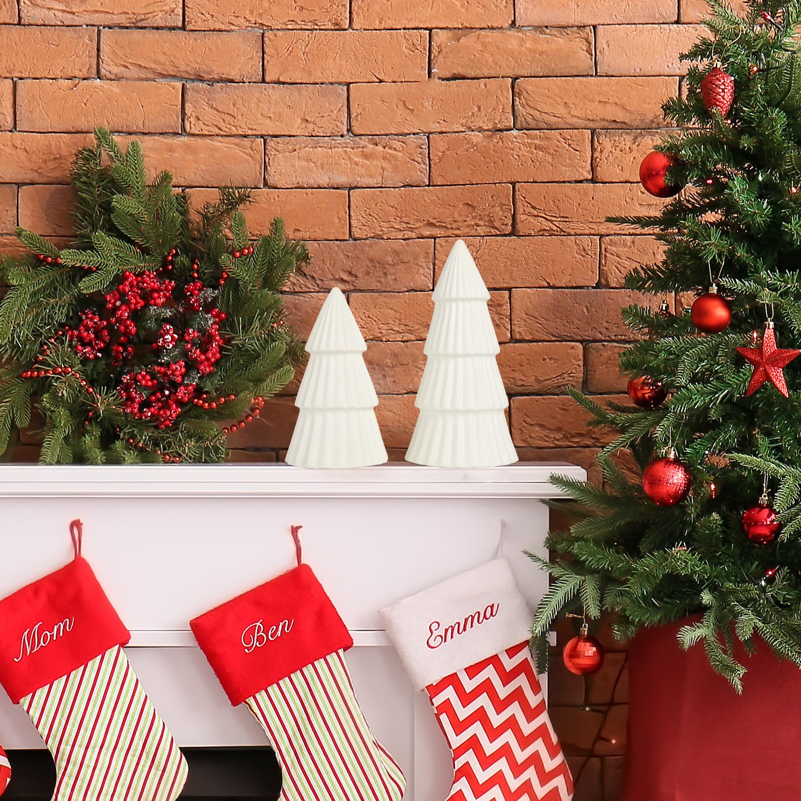 White Ceramic Christmas Tree, Porcelain Christmas Tree Table Decorations Farmhouse Christmas Decor Trees for Tabletop Winter Mantle Shelf Dinner Holiday Party Supplies Set of 2 (White)