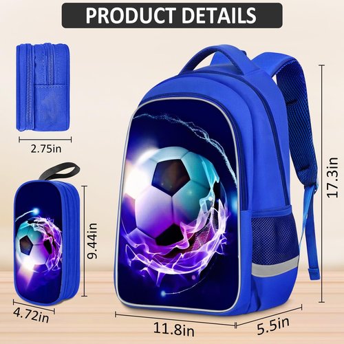 TILYTADLY School Backpack for Boys - 4pcs Soccer Boys Backpack with Lunch Box and Pencil Case for Kids Children Teens Elementary Middle School - Students Bag for Ages 6-18,17″Bookbag Travel Back Pack
