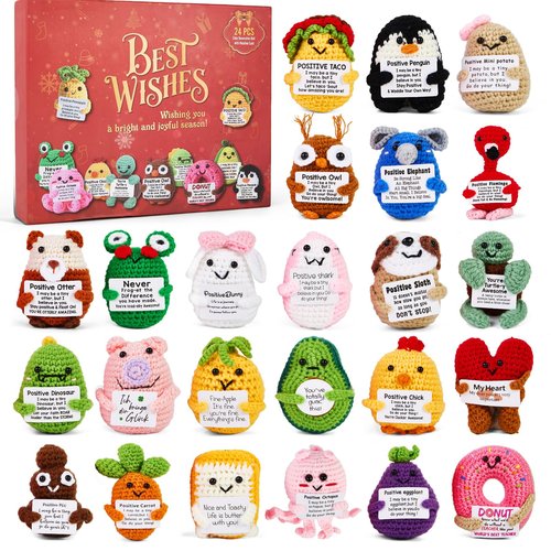 Advent Calendar 2025, 24 Days Positive Crochet Animals Christmas Countdown Calendar for Kids, Teens, Adults, Handmade Emotional Support Crochet Toys with Positive Card for Birthday, Christmas Gifts