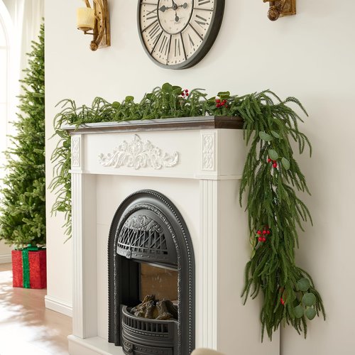 9FT Christmas Garland with Lights, Battery Operated Garland with Red Berries and Eucalyptus Leaves, Real Touch Artificial Prelit Garland for Mantle, Fireplace, Table, Stairs & Christmas Decorations