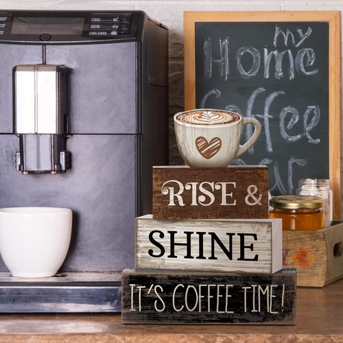 Moucuny 4 Pcs Farmhouse Coffee Bar Sign Decor Wooden Cup Rise & Shine It's Coffee Time Rustic Wood Cafe Sign Gift for Home Kitchen Tabletop Decor
